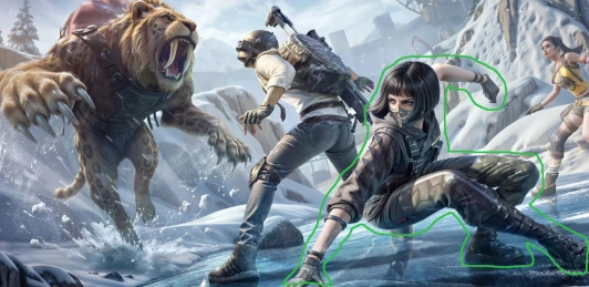 Original image with multiple characters and a green outline