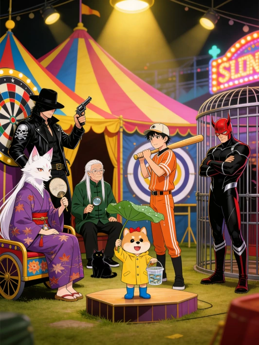 Generated carnival scene preserving all character features accurately