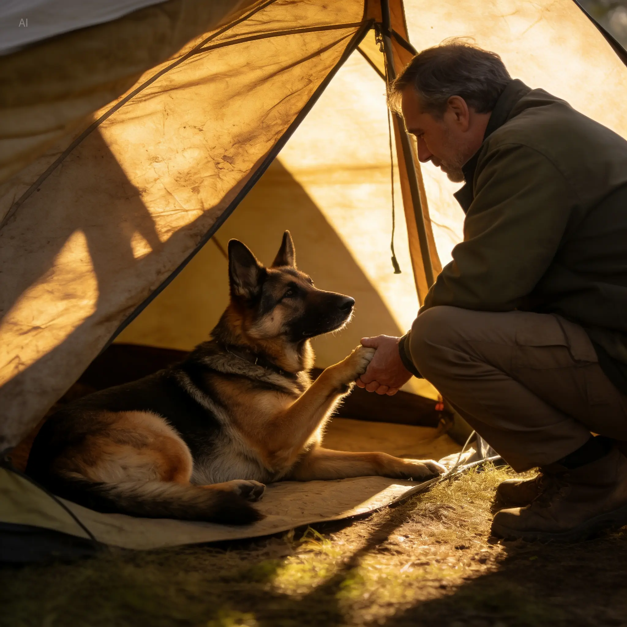 Afternoon camping scene with dog and owner at the tent