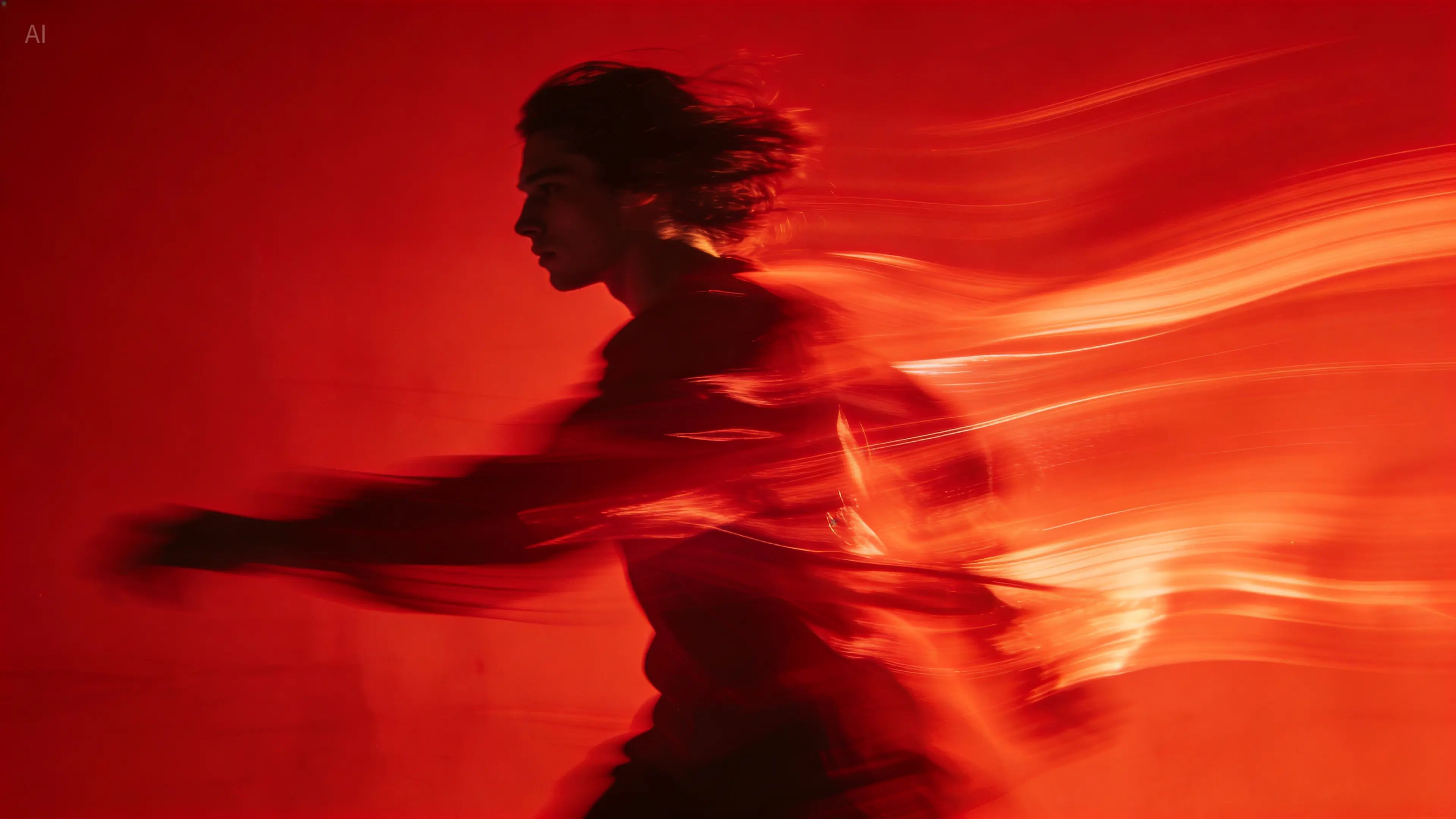 Dynamic long exposure portrait on red background