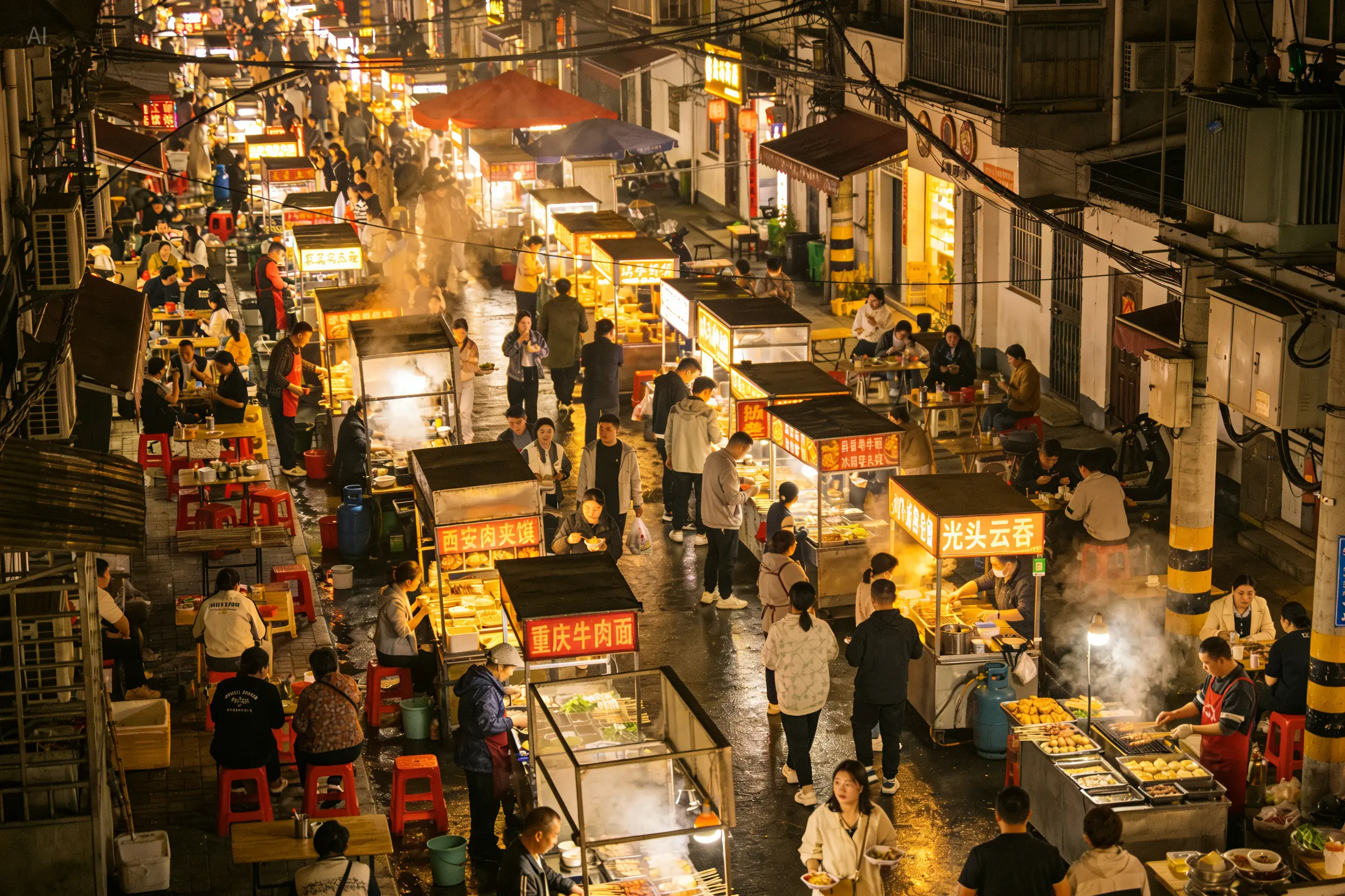 Night market alley scene with warm street food stalls