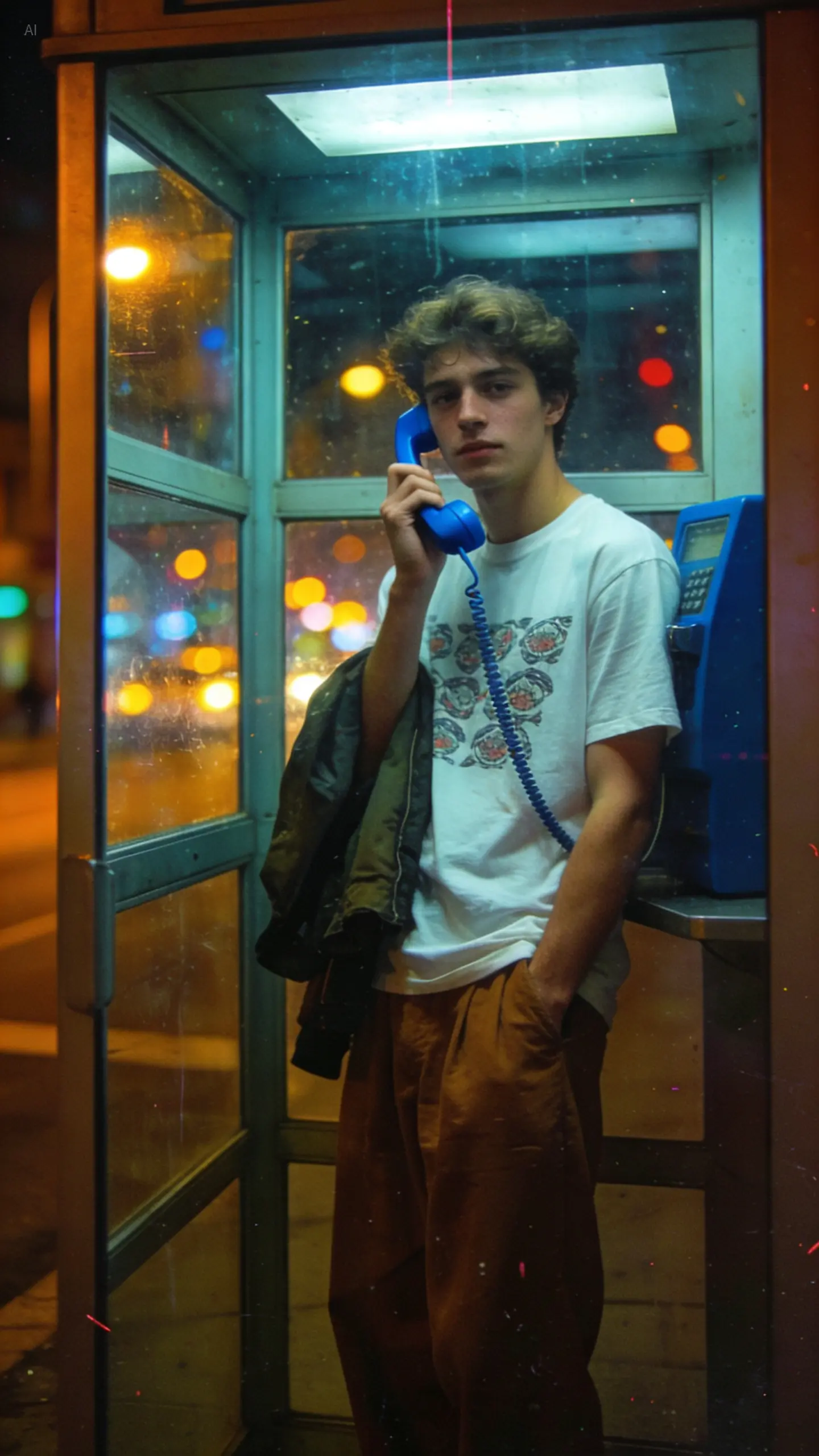Night portrait of a man inside a phone booth