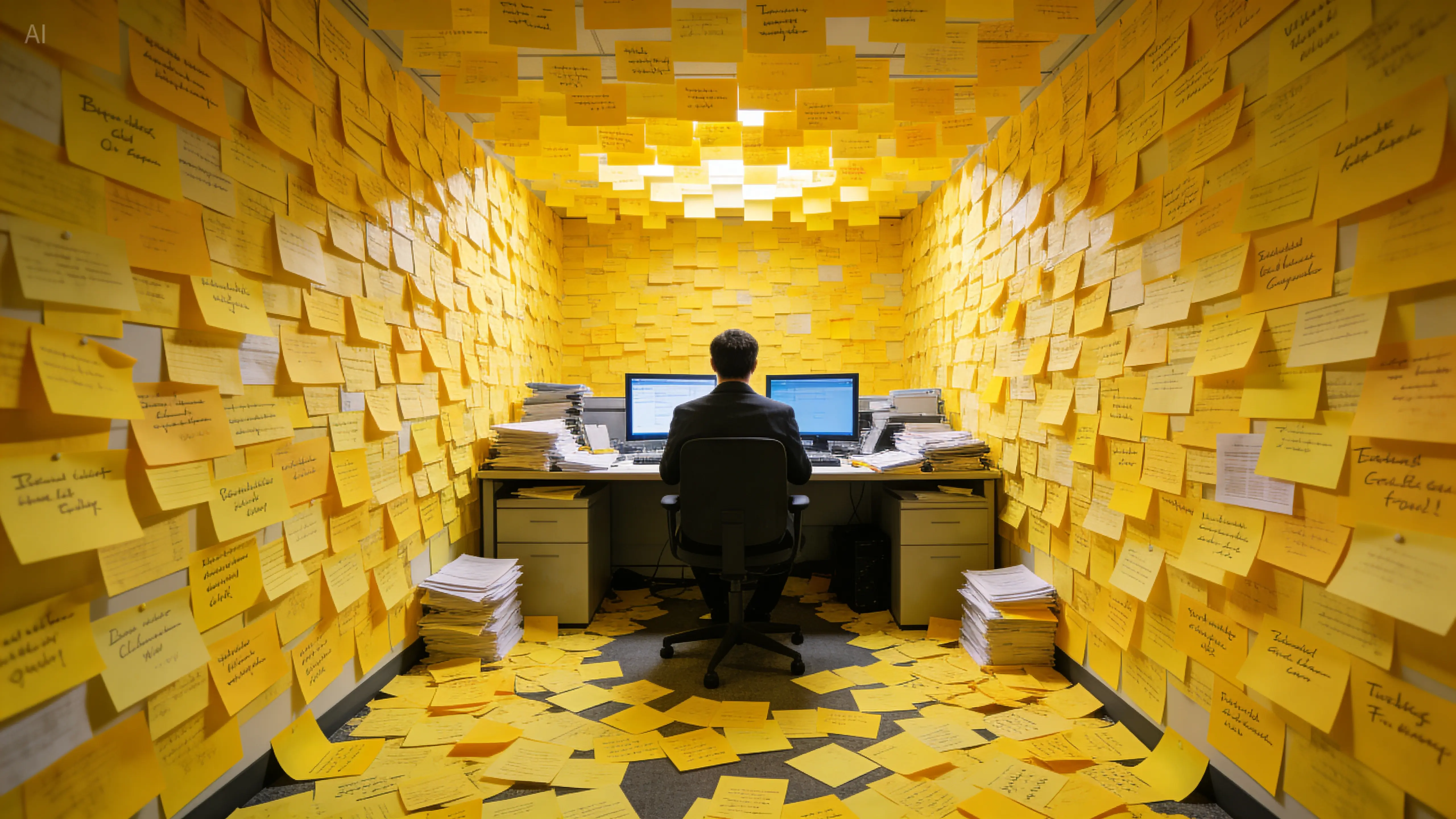Office overloaded with yellow sticky notes everywhere