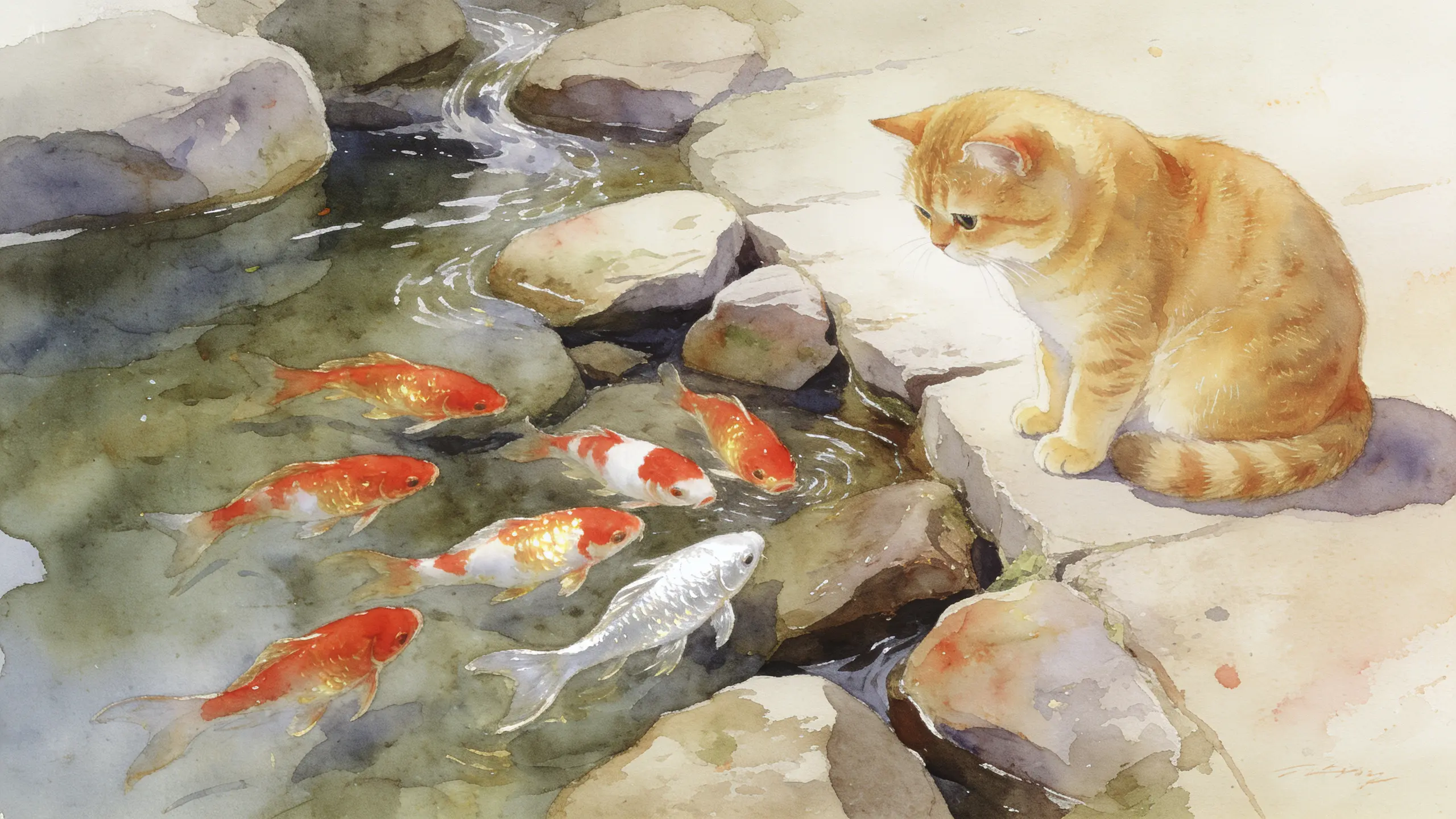 Watercolor goldfish pond with cat watching